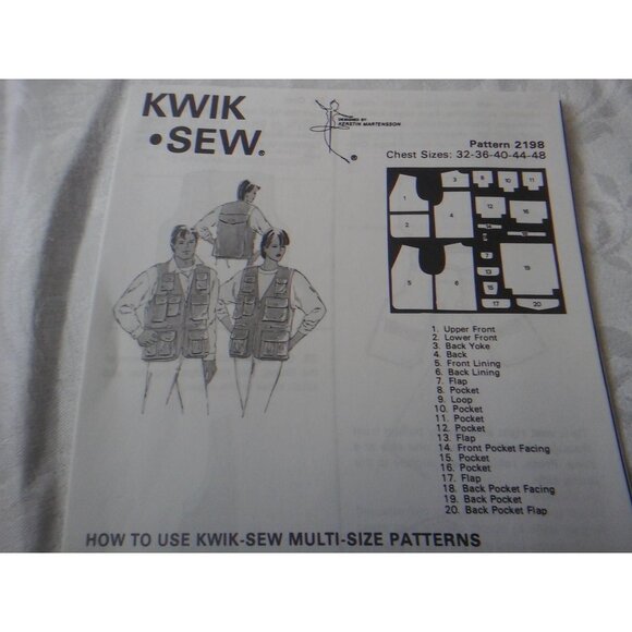Kwik Sew pattern 2198 unisex cargo sports vest pockets 32 to 48 inch chest UNCUT - Picture 5 of 7